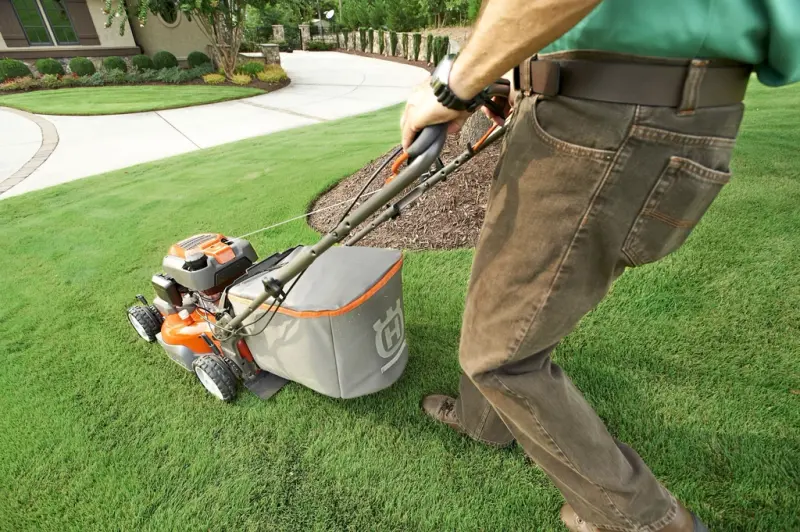 A person mowing a lawn on a sunny day with a walk-behind mower