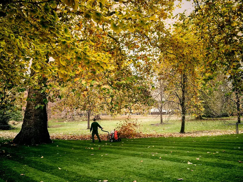 A person using a leaf blower to clear a paved area