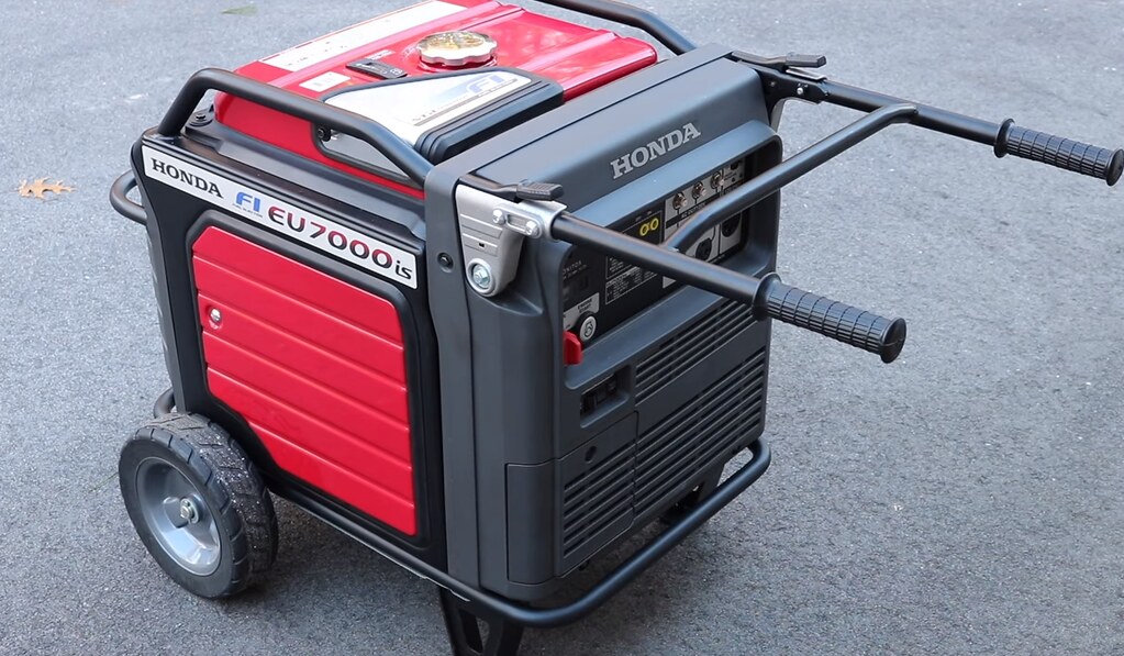 A portable generator with the control panel and outlets shown